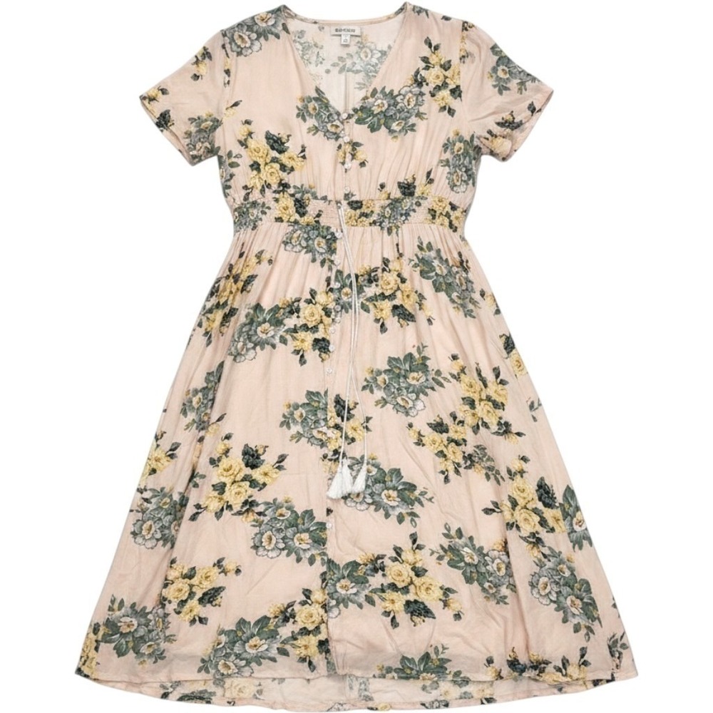 Womens XXL Floral Midi Dress Pink Yellow Cottagecore Smocked Waist Romantic